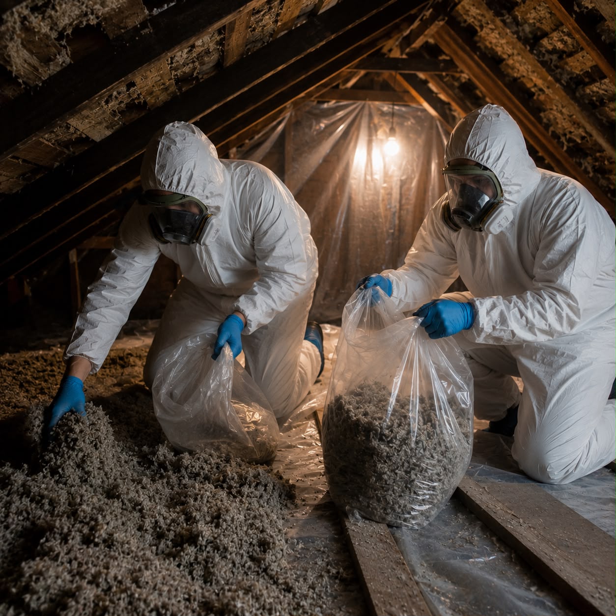 Certified asbestos abatement team vacuuming asbestos debris inside sealed containment