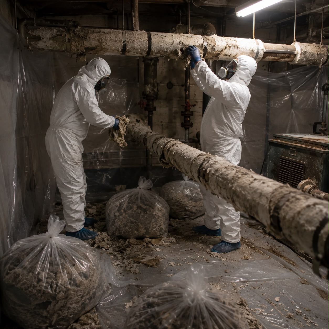 Licensed technicians removing asbestos wall materials in residential property